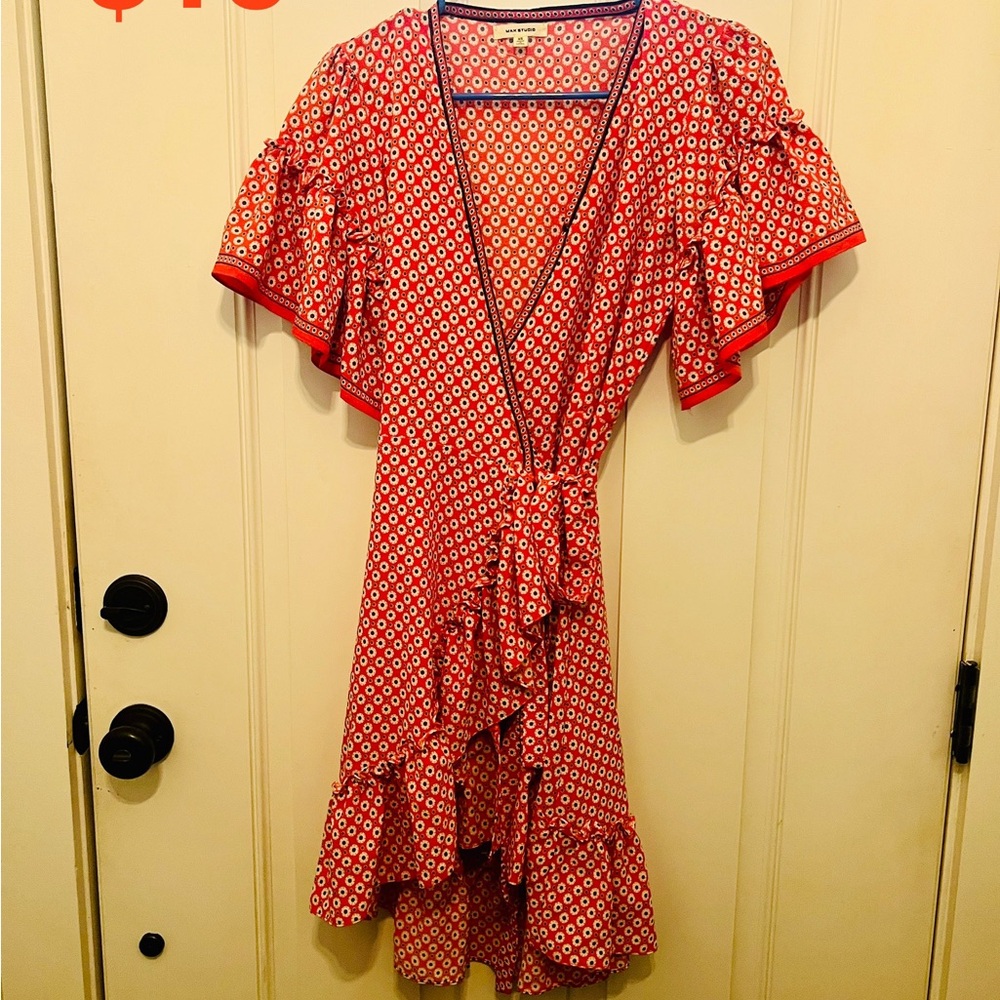 Red Patterned Wrap Dress